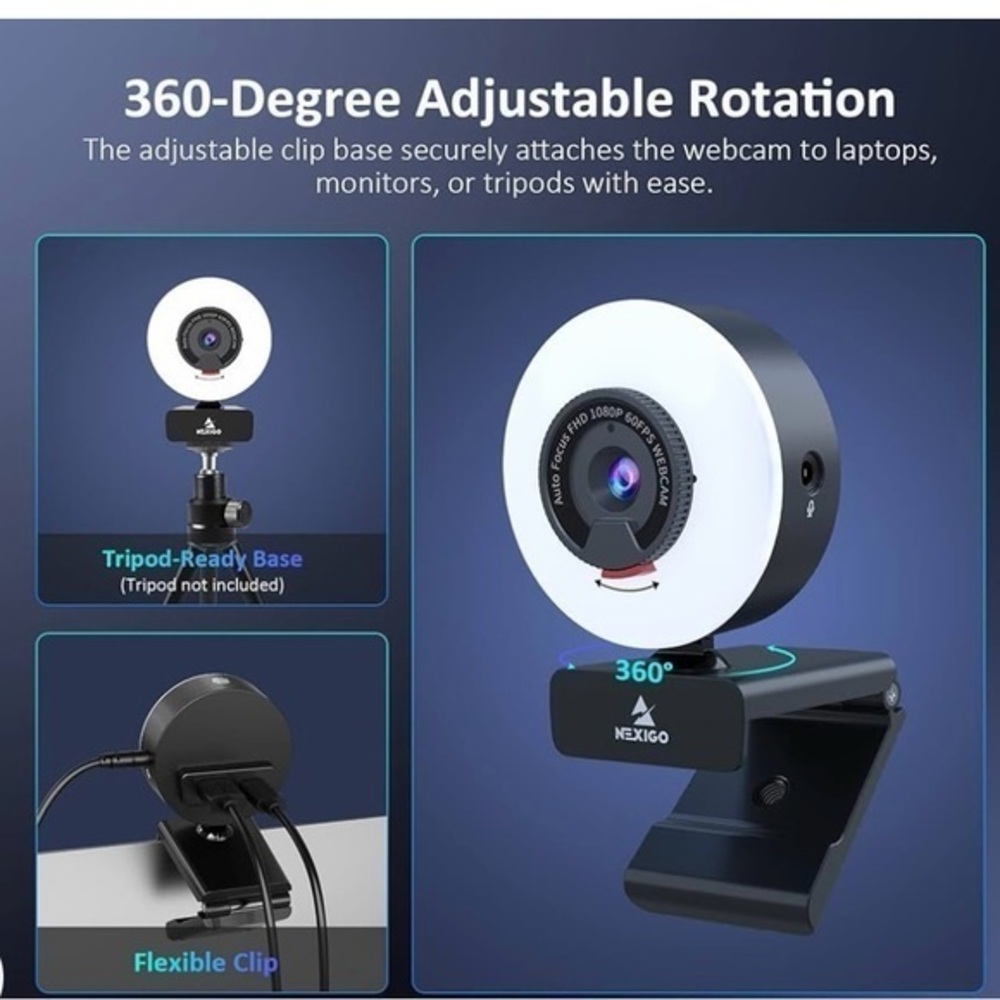 NexiGo N960E Pro 60FPS with Mic/Light, Fast AutoFocus stereo microphone webcam